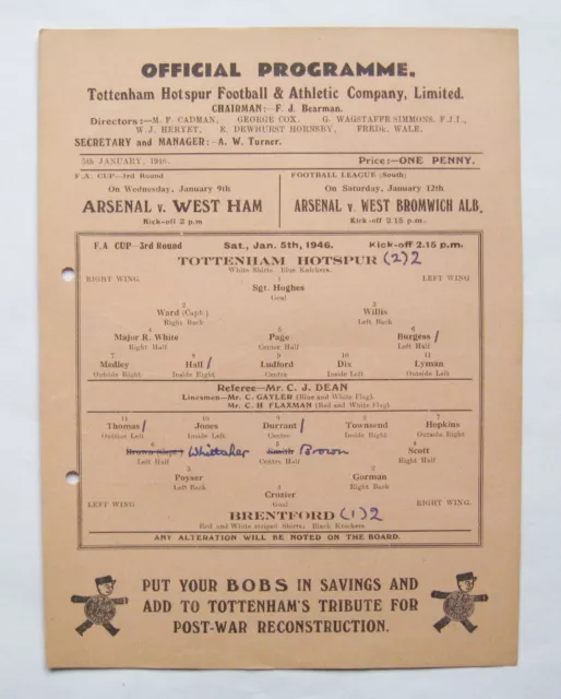 TOTTENHAM HOTSPUR v BRENTFORD FA Cup 1945/1946 *VG Condition Football Programme*