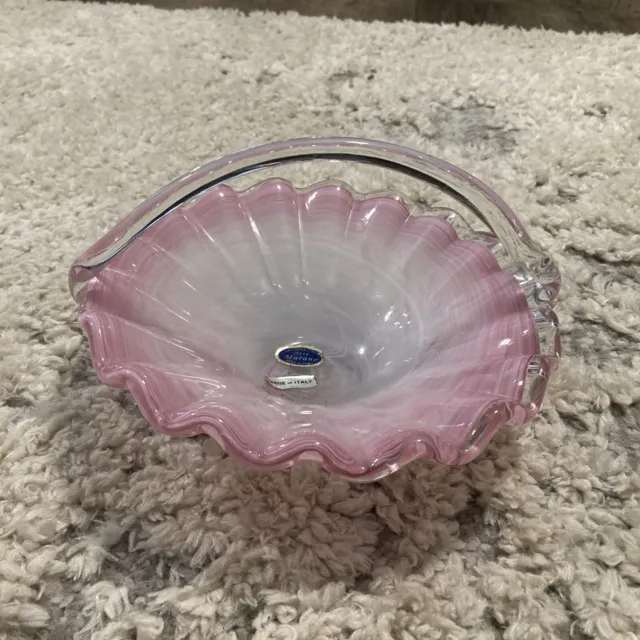 Pink Swirl Ruffled Bowl With Clear Handle Italian Lovely Shape Blown Glass Art