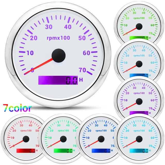 85mm Marine Tachometer 0-7000 RPM Tacho Gauge With LCD Digital Hour Meter White