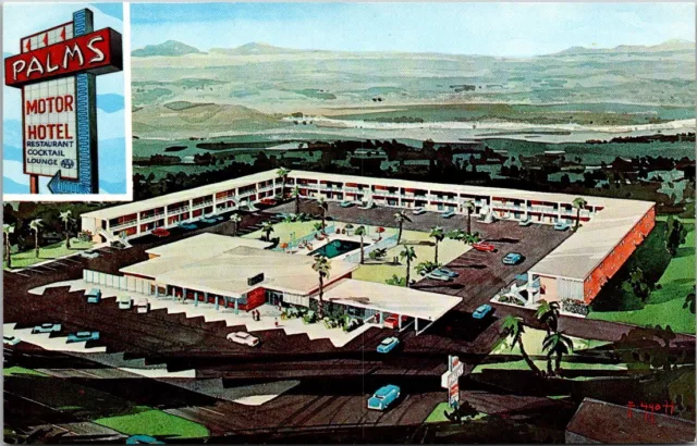 Las Cruces NM Palms Motor Hotel Signed Watercolor MCM Pool Cars Postcard