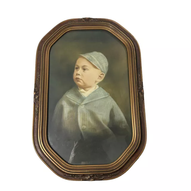 Antique Boy Posing Painting Photo Victorian Gold Gilt Wooden Glass Frame 18x14