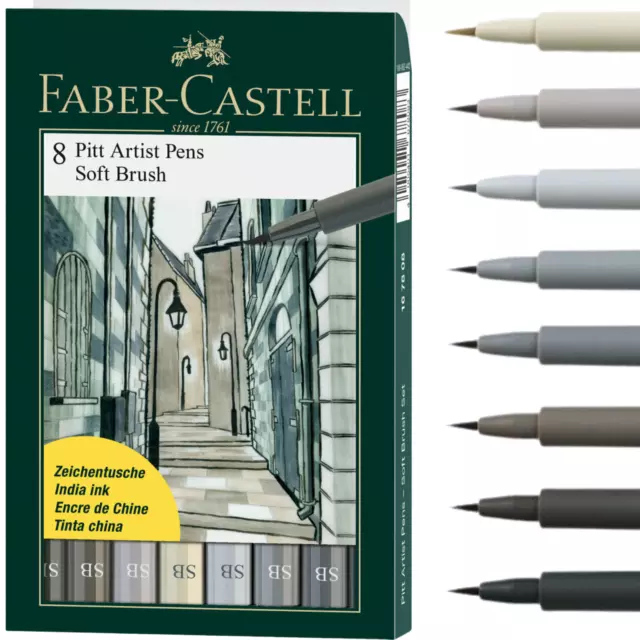 Faber-Castell 8 Pitt Artist Pens - Grey India Ink Soft Brush - Graphic Artists