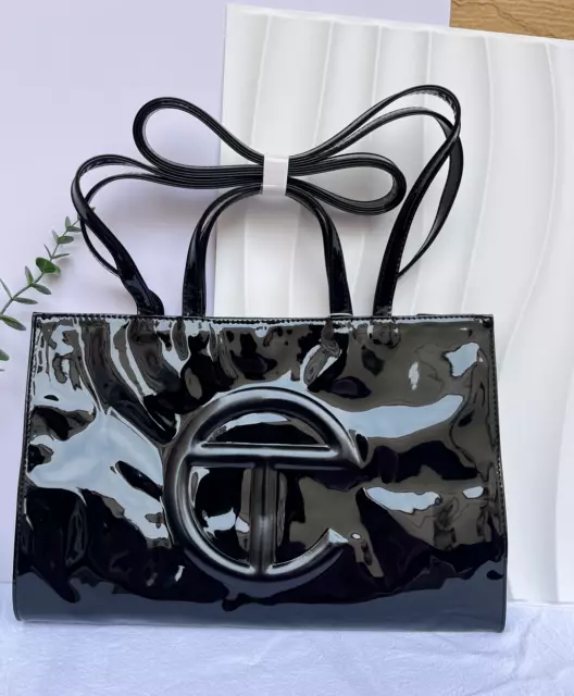 Telfar Medium Shopper Tote Bag Handbag Vegan Leather Crossbody /Glossy Black