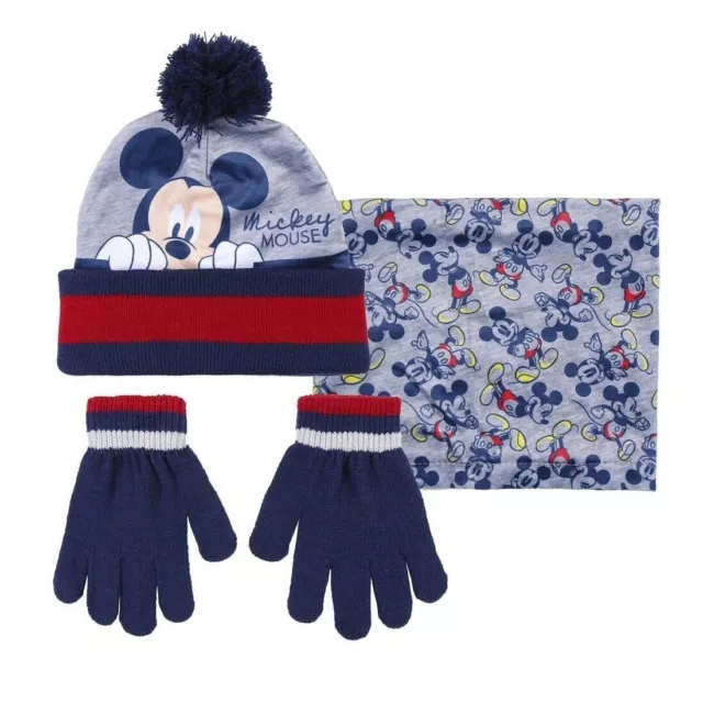 Mickey Mouse da 3 - 7anni Cappello Pompon con Scaldacollo Guanti Invernale