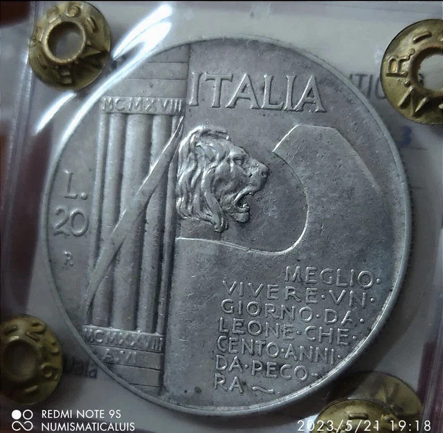 20 LIRE  1928 CAPPELLONE periziato NC Regno d'Italia RARA 10,7,3