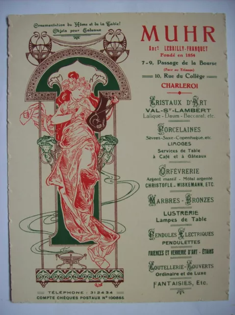 beau petit carton publicitaire art nouveau style Mucha Muhr cristallerie 1900