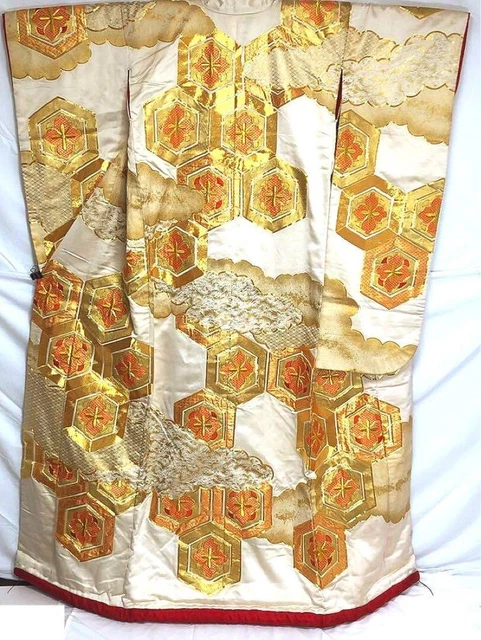 Japanese Pure Silk Kimono Robe Uchikake for Wedding Classic Pattern Gold & White
