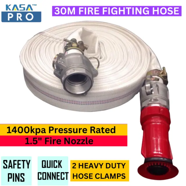 KASA FIRE FIGHTING HOSE 30m 1.5" Fire Nozzle Lay Flat CAMLOCK ADJUSTABLE NOZZLE