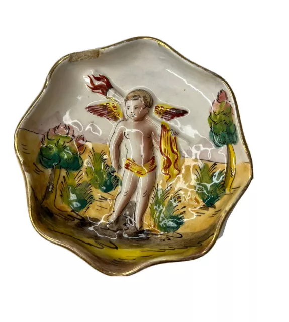 Vintage Mid Century Signed Italian Dish Plate Hand Painted Cupid Cherub Pottery