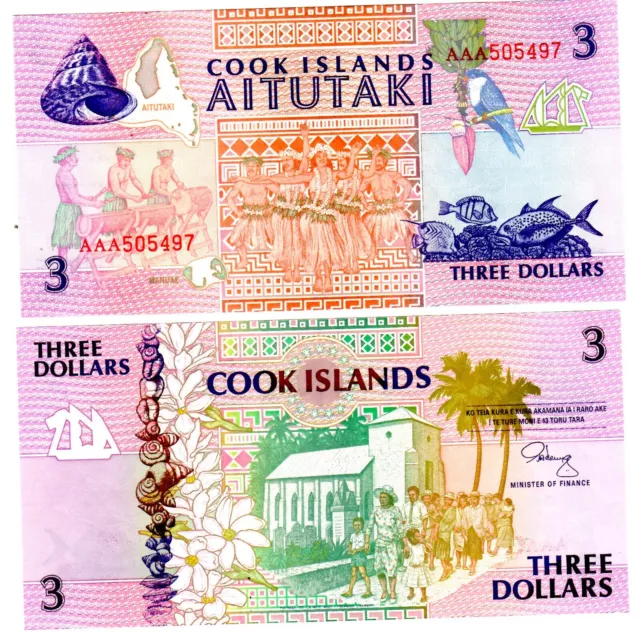 COOK ISLANDS BILLET 3 DOLLARS 1992 P7a AAA PALMIER POISSON EGLISE NEUF UNC