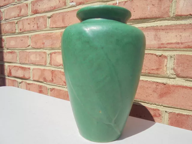 Antique Vintage Zanesville Pottery Green Leaf Vase Curdled Glaze 8 3/8"