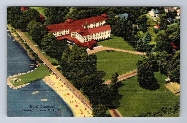 Conneaut Lake Park PA-Pennsylvania, Hotel Conneaut Aerial View Vintage Postcard