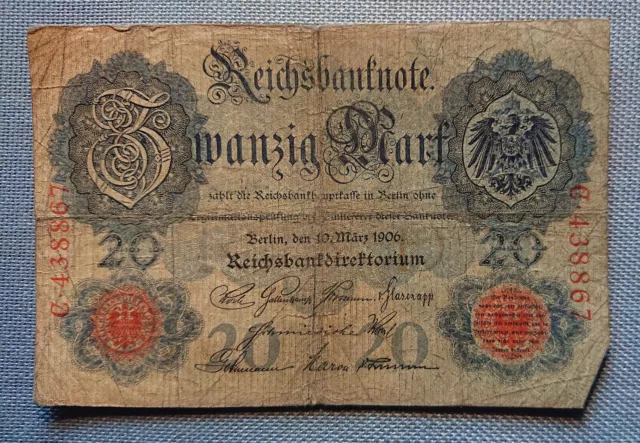 Old German Banknote Twenty Mark Berlin 10. März 1906 Reichsbankdirektorium