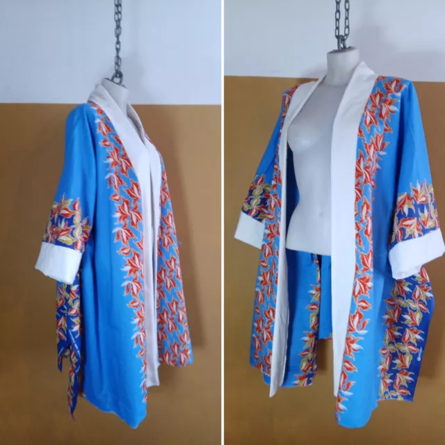 New Handmade Kimono Block Print Cotton Jacket One Size   Coat Blue White