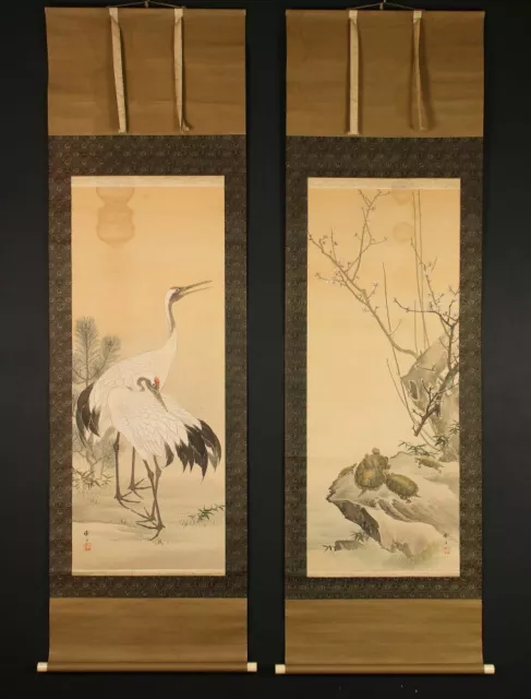 JAPANESE PAINTING HANGING SCROLL JAPAN TURTLE Longevity CRANE ART Old f123