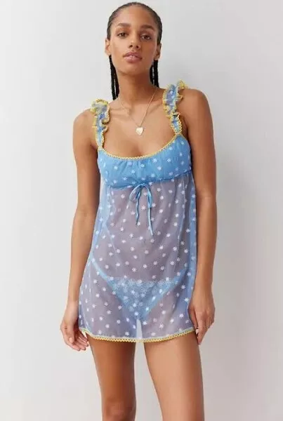 UO	Out from Under Lazy Daisy Sheer Floral Mini Dress in Blue. Size M