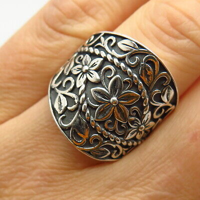 925 Sterling Silver Floral Ornate Design Wide Ring Size 7