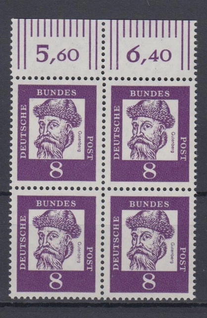 Bund 349y mit Oberrand 4er Block Bedeutende Deutsche 8 Pf postfrisch