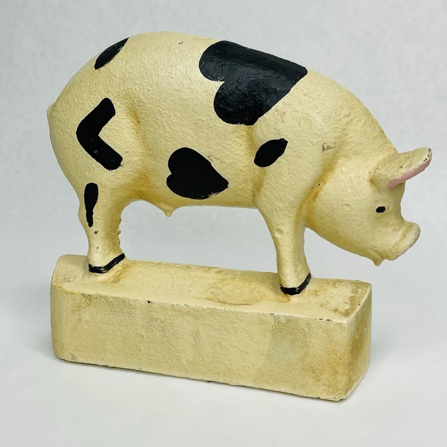 Cast Iron Pig Door Stop Metal Painted Half Hog Black Hearts Farmhouse Sow