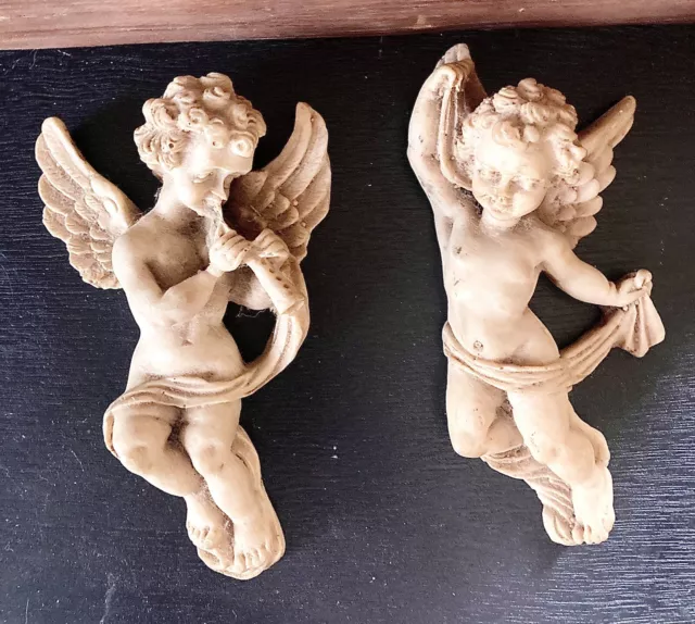 Vintage Resin Angel Wall Hangings, Pair of Decorative Cherub Figurines