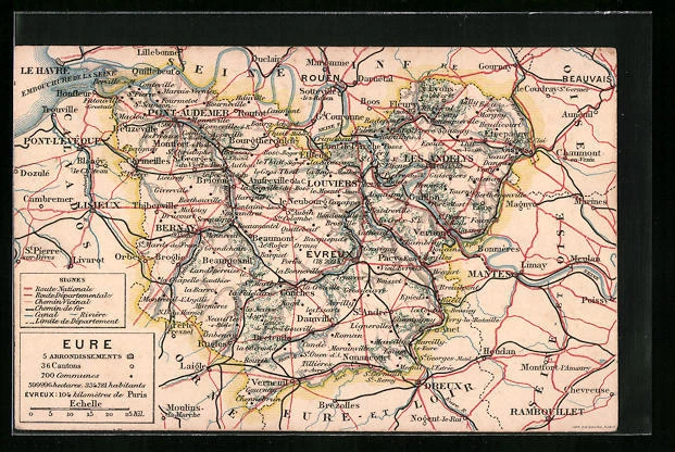 CPA Evreux, carte géographique avec Nachbarstädten et Orten 1907
