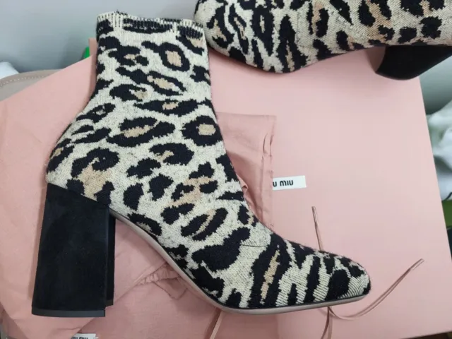 miu miu $850 leopard-print sock boots with suede block heels, size 9 US/39 EU