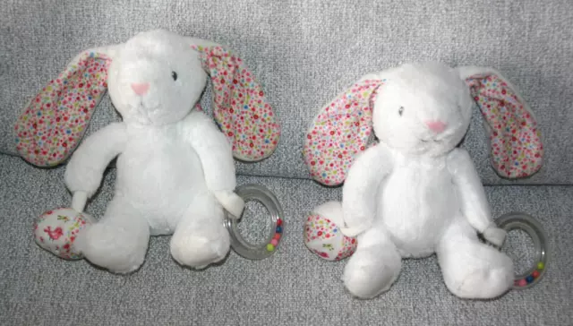 Pommette 2 Doudou Peluche Lapin Blanc Rose Fleur Anneau Boule Activite Etat Neuf