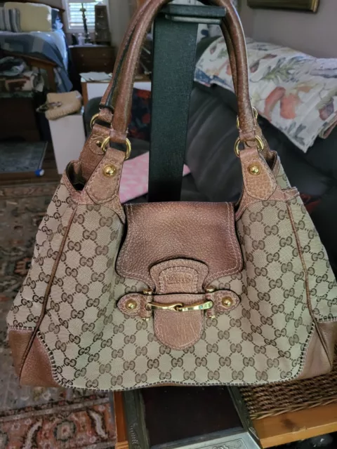 Gucci Pelham Brown/Beige GG Monogram Canvas Leather Horse-Bit Flap Tote/Handbag Gucci Pelham Brown/Beige GG Monogram Canvas Leather Horse-Bit Flap Tote/Handbag