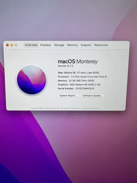 Apple iMac 27 2015 5K i5 32GB RAM R9 390 2GB 1TB Fusion HDD macOS Monterey