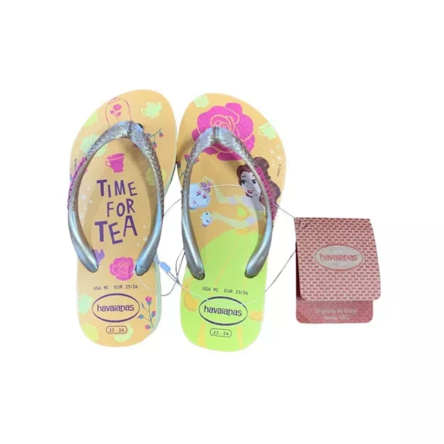 9C Havaianas Girls Disney Princess Belle Flip Flops New "Time for Tea"