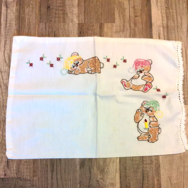 Vintage Handmade Cross-Stitch Baby Pillowcase Crib / Carriage  16" x 12" Bears