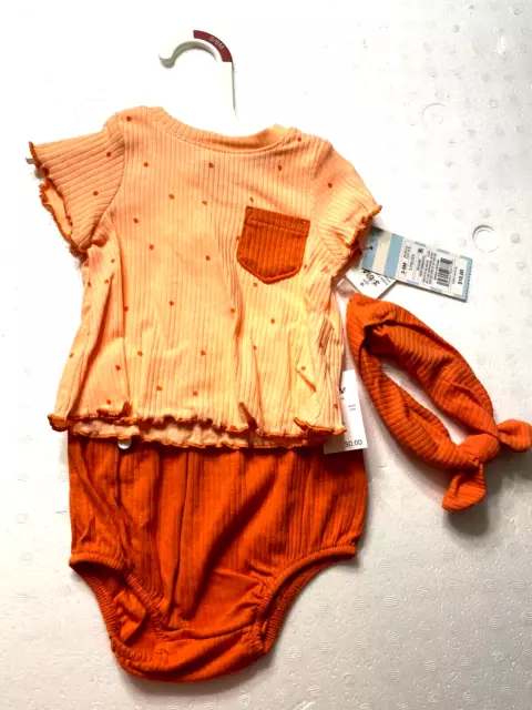 3 to 6 Month Cat & Jack Baby Girl Infant 3 piece Peach Dot top Bottom Headband