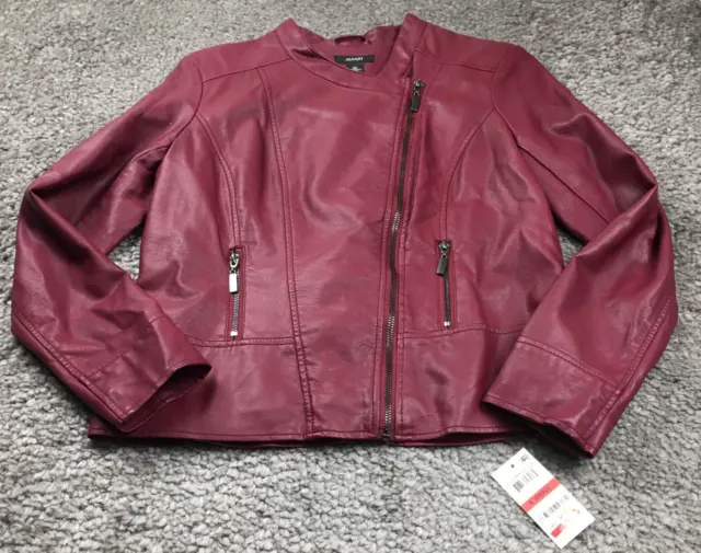 Alfani Womens Faux Leather Jacket Size XS Burgundy Full Zipper Long Sleeve NWT