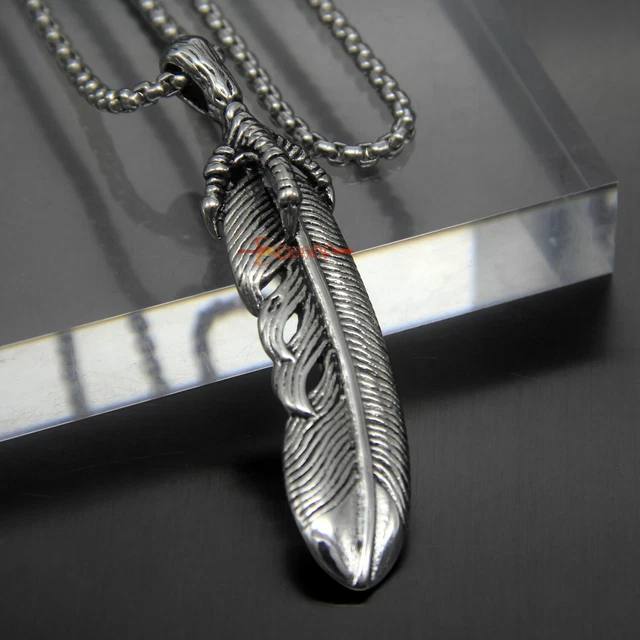 Vintage Stainless Steel Claw Feather Eagle Pendant Necklace Men's Women's Chain