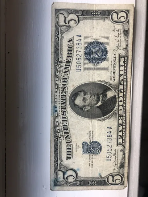 1934 D Blue Seal $5 No Motto Silver Certificate Note Five Dollar