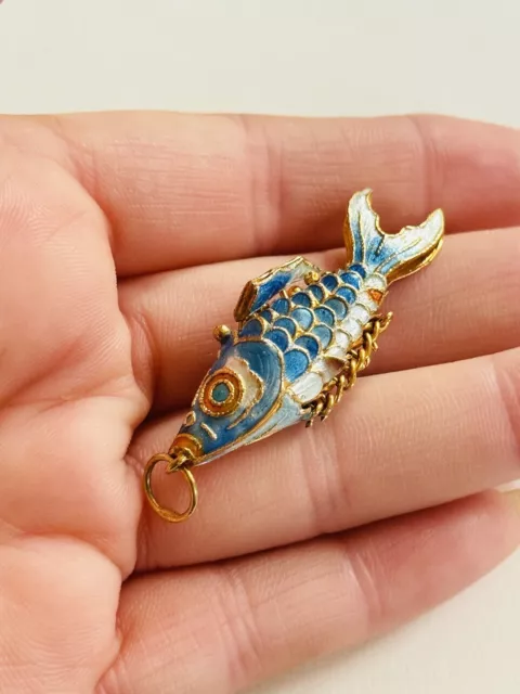 Cloisonne Koi Fish Articulated Charm Pendant Vtg Enamel Guilloche Baby Blue Rare