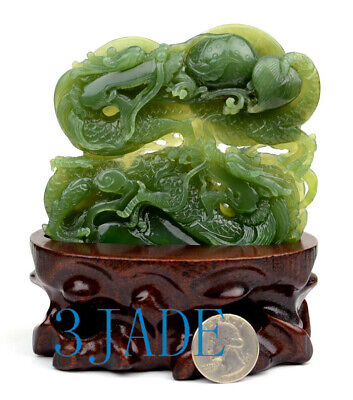 Natural Green Nephrite Jade Dragons Playing With Ball Statue /Carving /Sculpture