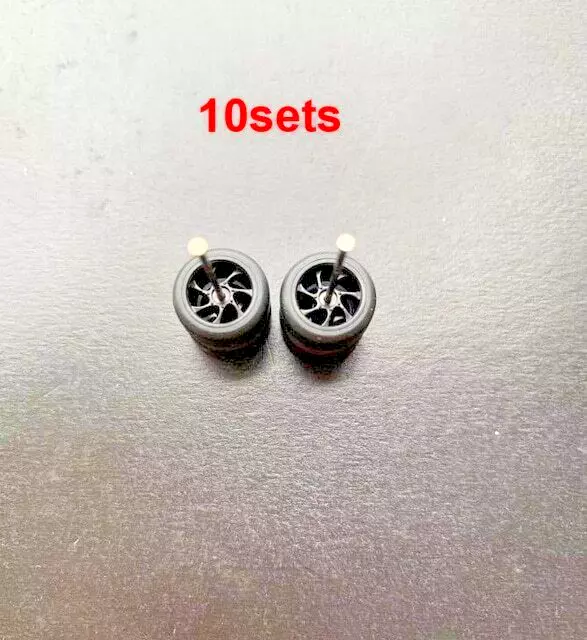 Hot Wheels 10 Sets NEW! Black 7 Spoke Rims & Real Rider Rubber Tires 1/64 11MM