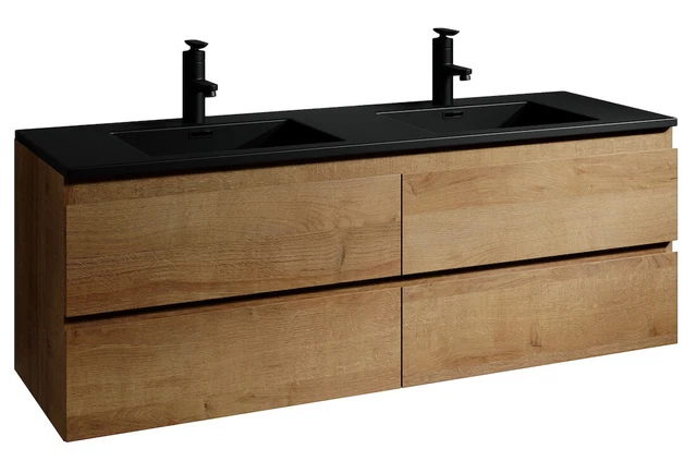 MEUBLE DE SALLE de bain Angela 160 cm - Badplaats - lavabo noir - Chêne