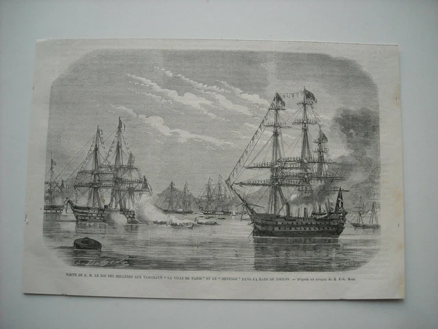 Gravure 1863. Rade De Toulon, Visite De S. M. Le Roi Des Hellenes Aux Vaisseaux.