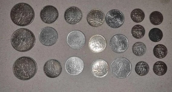 Lot de pièces Semeuse en argent, 5 francs ,1 francs, 2 francs et 50 centimes