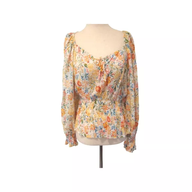 NWT Rachel Roy Womens Top S Peasant Floral Long Sleeve Tie Smocked Waist Peplum