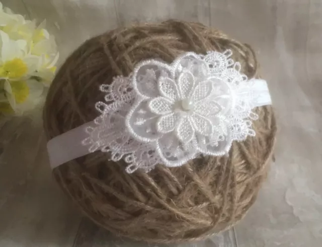 Baby Girl Off White Christening Headband Baptism Wedding Pearl Flower Hairband