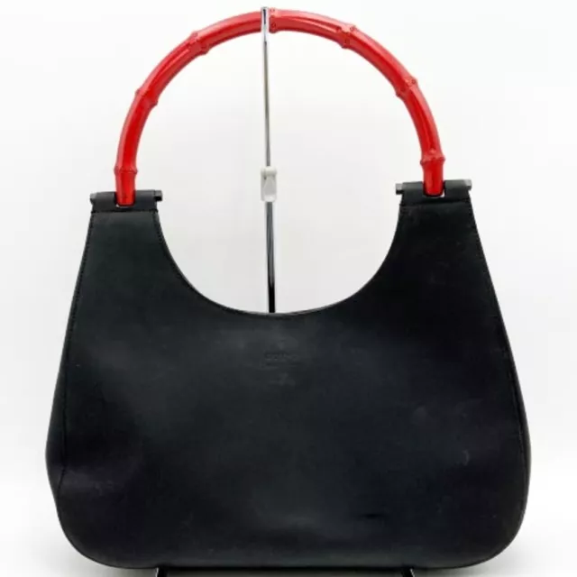 Pre-Owned Gucci Hobo Shoulder Bag Black Leather Red Bamboo Handle *Rank B*