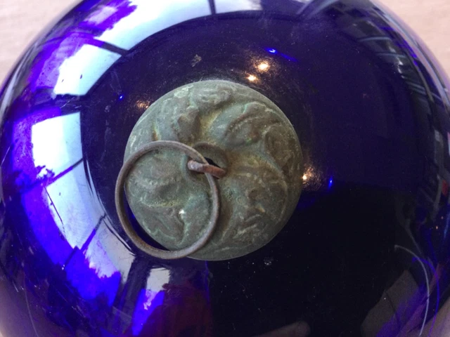 ANCIENNE BOULE DE pardon bleu verre soufflé mercurisé / églomisé 19e