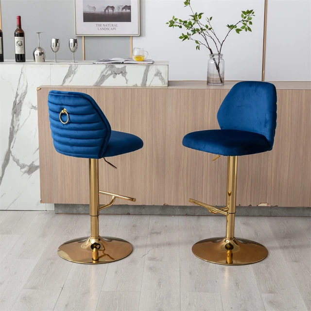 SET OF 2 Bar Stools Swivel Chair Modern Velvet Adjustable Counter