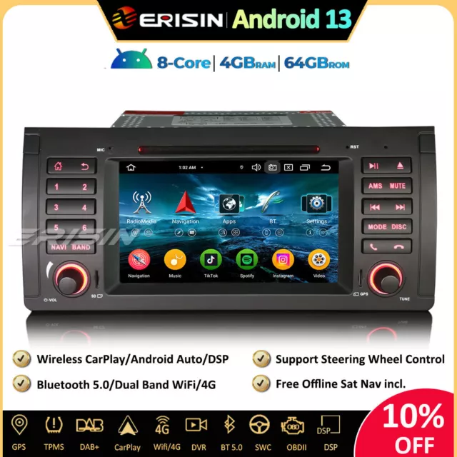 CarPlay Android 13 Autoradio GPS DAB+Bluetooth SWC OBD2 DVD 64GB pour BMW X5 E53