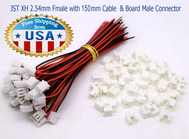 5 Pairs Mini Micro JST XH 2.54mm  2Pin 5 FEMALE W. Cable & 5 MALE Board Conn.