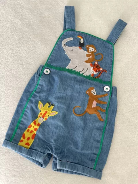 Mini Boden Baby Boys Chambray Short Dungarees Appliqué Animals 🐒 Age 6-9 Months