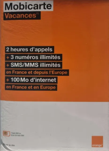 Carte SIM Prépayée Orange MOBICARTE VACANCE 2H APPEL 3NUM ET SMS ILLIMITE 100Mo